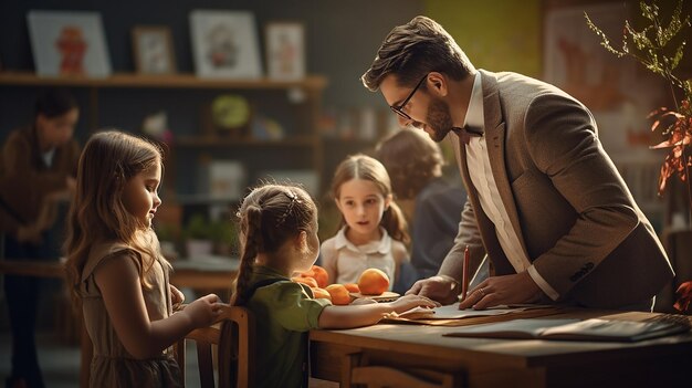 教室 に いる 学校 の 子供 たち と の 教師