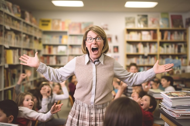 A teacher with a sign that says'school of reading '