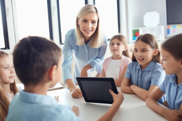 A teacher with a tablet in front of her students