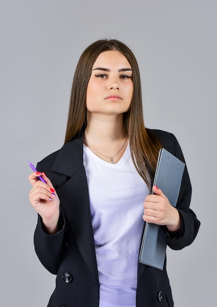 Teacher woman wear black suit hold folder documents smart girl concept