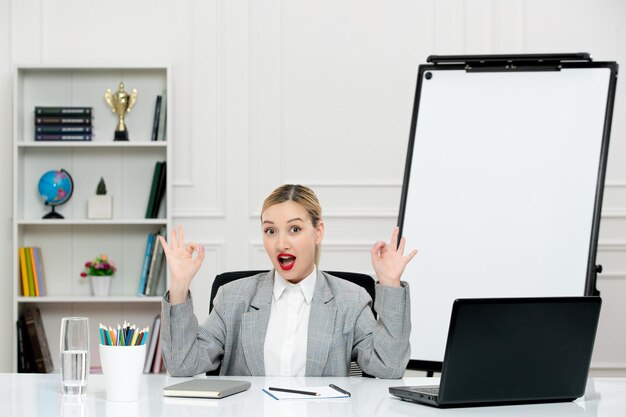 Teacher young cute instructor in suit in classrom with laptop and whiteboard excited