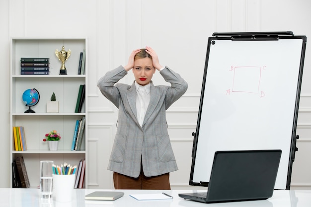 Teacher young cute instructor in suit in classrom with laptop and whiteboard holding head