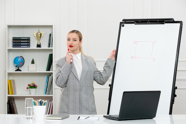 Teacher young cute instructor in suit in classrom with laptop and whiteboard touching chin