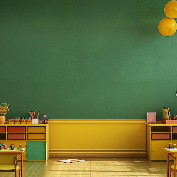Photo teachers day celebration in vibrant green and yellow classroom decor