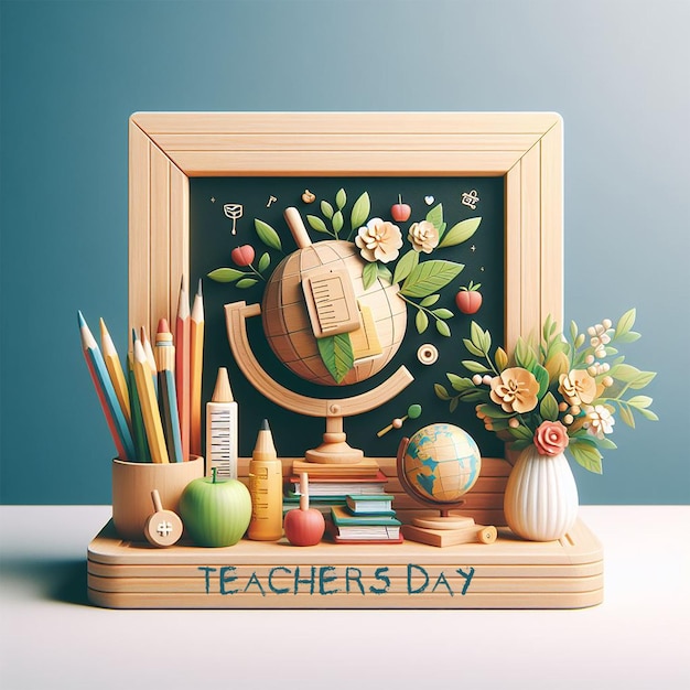 Teachers day holiday greeting icon Education knowledge day concept Wooden chalk board frame and vase