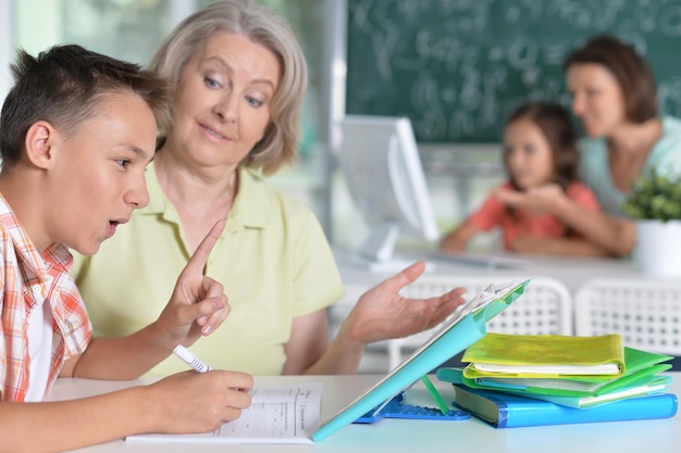 Teachers working with pupils in computer class