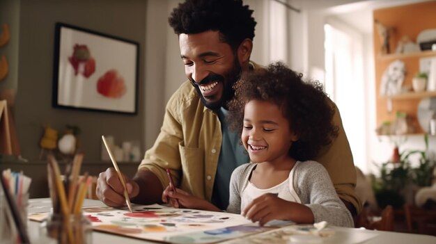 Teaching children Happy ethnic family father painting together with cute daughter medium shot profile commercial shot hyperrealistic details simple background Generative AI