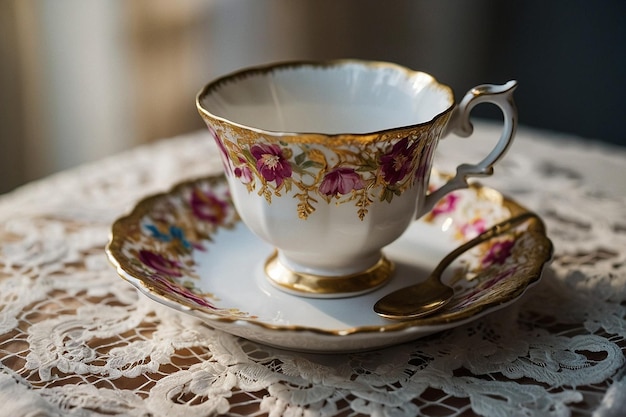 A teacup on a dainty lace tablecloth