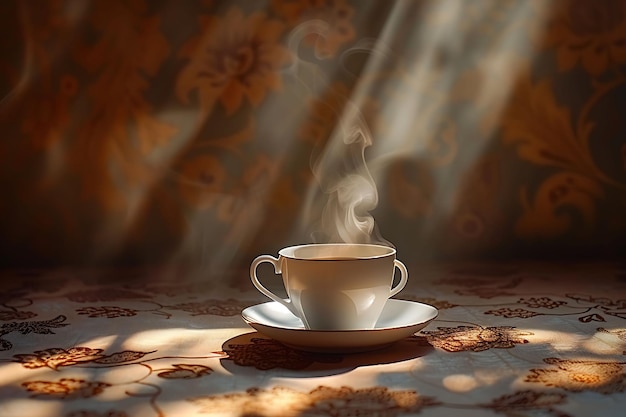 Photo teacup and saucer as silhouette shadow cast with steam risin creative photo of elegant background