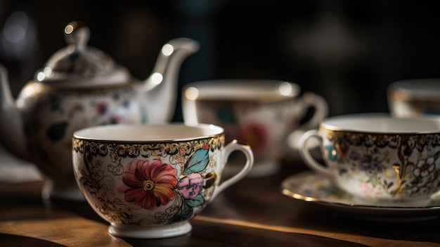 A teacup and saucer sit on a table with a floral pattern on it.