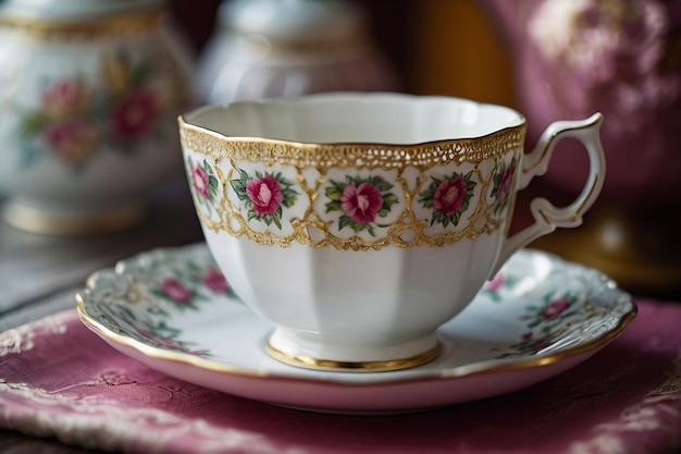 A teacup and saucer with a delicate lace trim