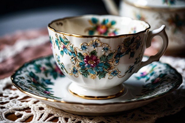 A teacup and saucer with a delicate lace trim