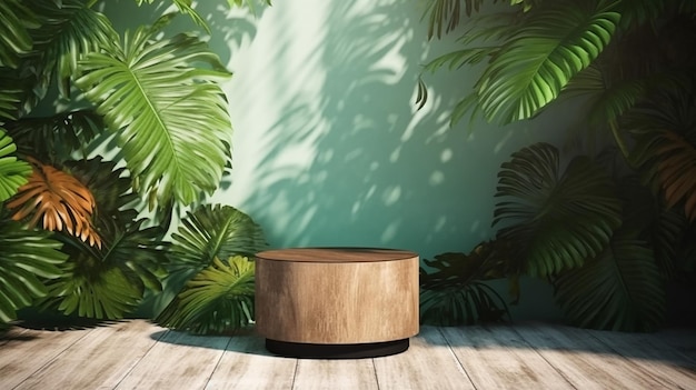 Teak wooden round smooth grain podium table black steel leg green tropical tree Generative AI