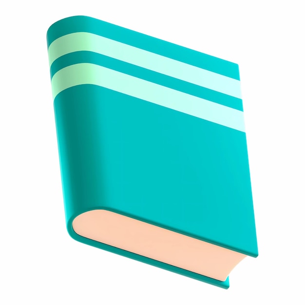 A teal 3D cartoon book with horizontal stripes on the spine