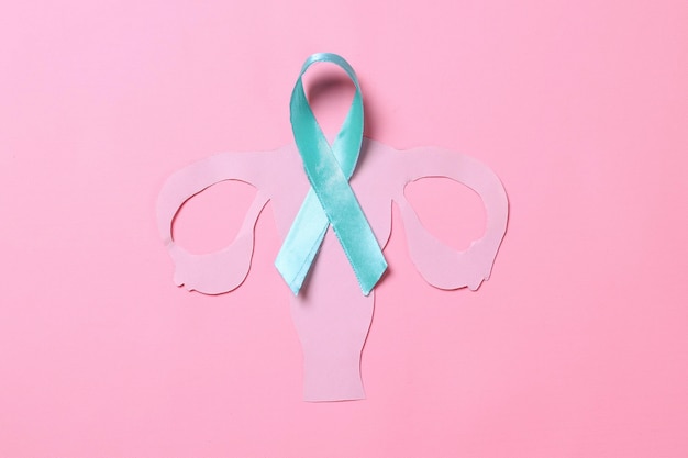 Teal awareness ribbon with cervix shape Ovarian Cancer month cervical cancer day