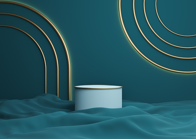 Teal blauw 3D luxe product display podium staan gouden lijnen minimale compositie boog geometrisch