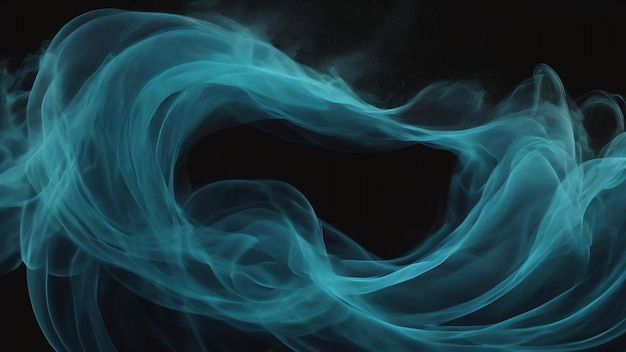 Teal blue blurry smoke wave on black background with copy space