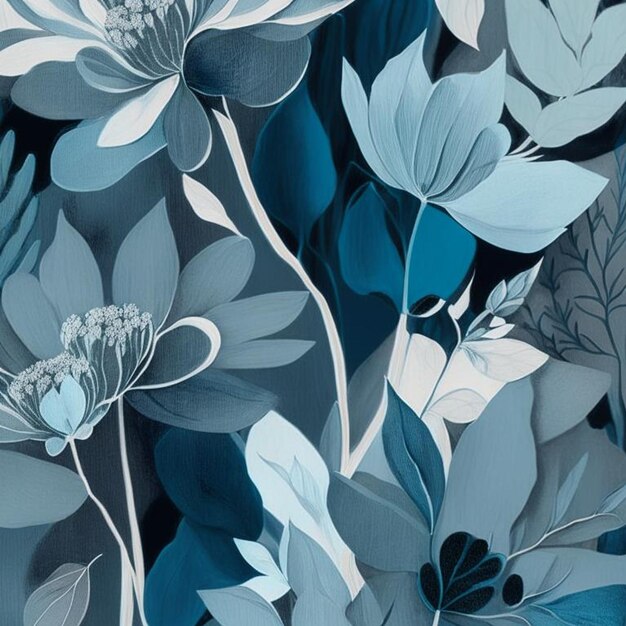 Teal blue grey and white watercolor flowers with stems and leaves Watercolor art background