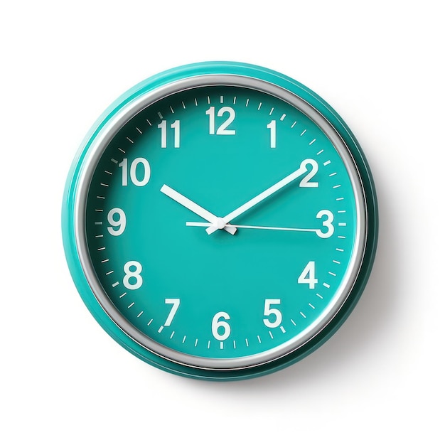 a teal colored clock on a solid white background