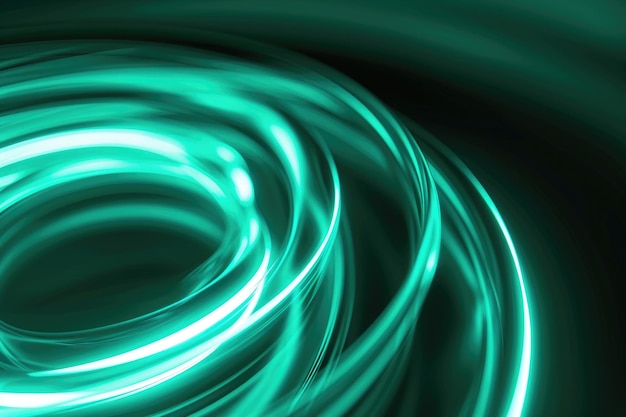 TEAL COLORED NEON CIRCULAR ABSTRACT LIGHT TRAILS ON A BLACK BACKGROUND