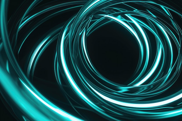 TEAL COLORED NEON CIRCULAR ABSTRACT LIGHT TRAILS ON A BLACK BACKGROUND