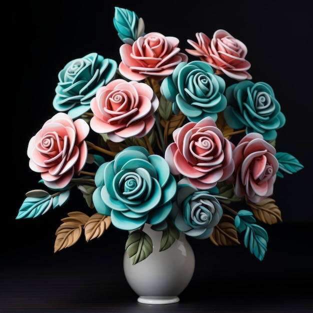 Teal en Pink Rose Arrangement met 3D-effect