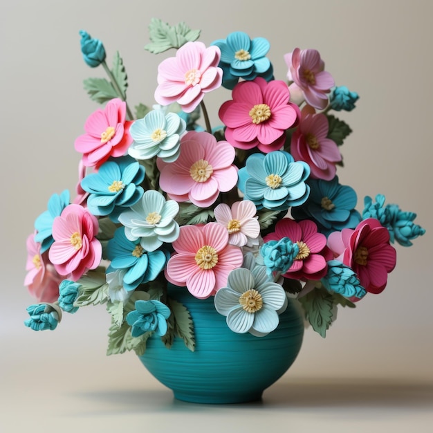 Teal And Pink Primrose Arrangement With 3d Effect