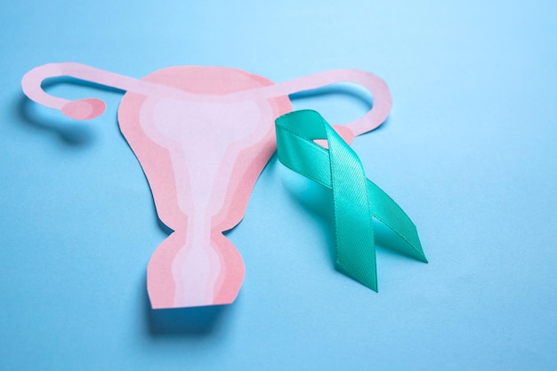 Teal Ribbon and Uterus Cutout Ovarian cancer and Gynecological Disorders Concept