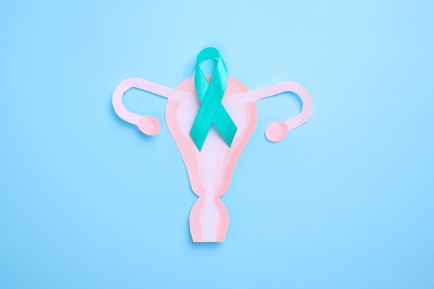 Photo teal ribbon and uterus cutout ovarian cancer and gynecological disorders concept
