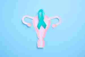 Photo teal ribbon and uterus cutout ovarian cancer and gynecological disorders concept