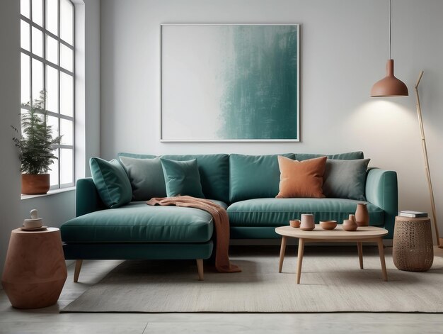 Teal sofa and terra cotta armchair against white wall Scandinavian style home interior design
