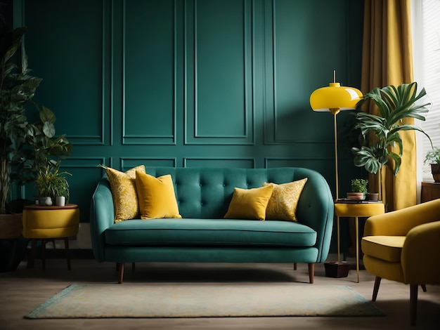 Teal sofa and yellow accent chair 3d retro interior design of living room