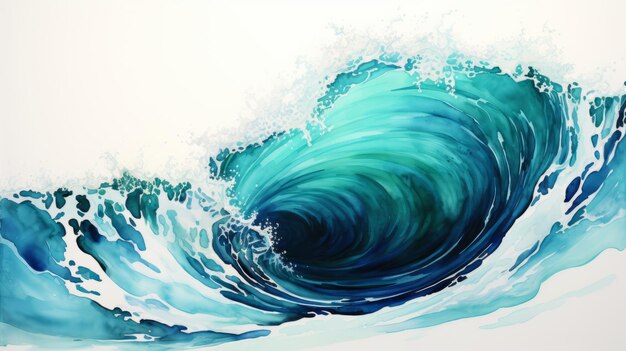 Teal Wave Watercolor Illustration On White Canvas