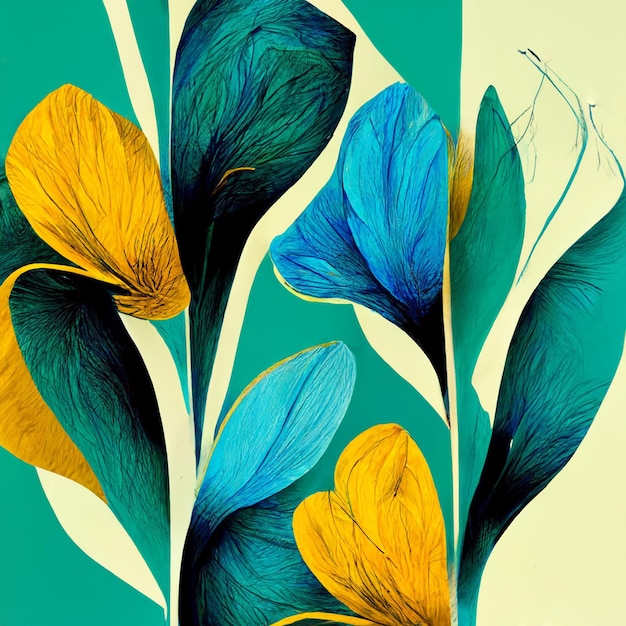 Teal and yellow abstract flower Illustration for prints wall art cover and invitation