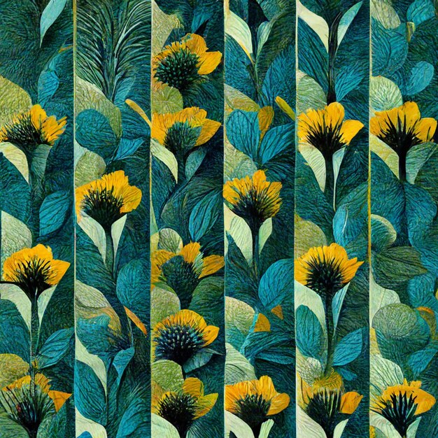 Teal and yellow abstract flower pattern for prints wall art