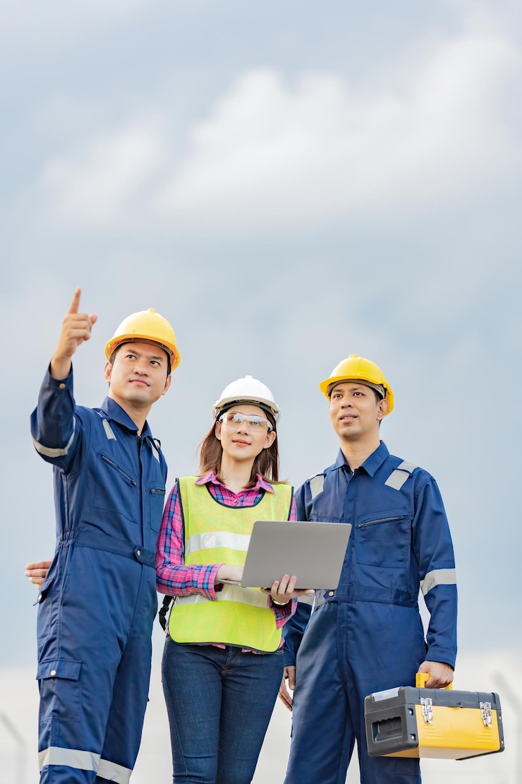फोटो a team of 3 asian male and female engineers with a mechanic manager point and look at the destination talk about the energy industry holding via tablet tool box wear a helmet and mechanics uniform