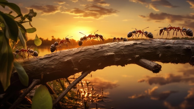 Team of ants constructing on sunset work with log