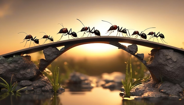 Team of ants work constructing bridge teamwork