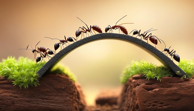 Team of ants work constructing bridge teamwork