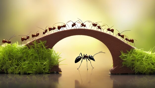 Team of ants work constructing bridge teamwork