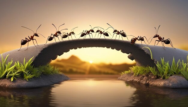 Photo team of ants work constructing bridge teamwork