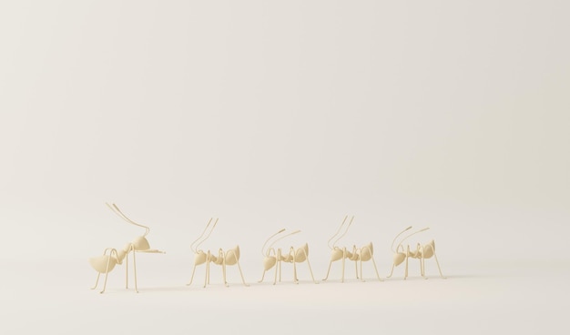 Team of ants working as a team Gold ant action standing A line of worker ants 3d render