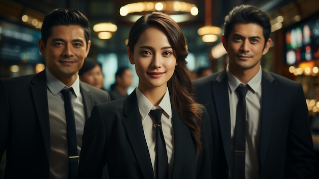 Team of Asian businessman and businesswoman in suits in office Generative Ai