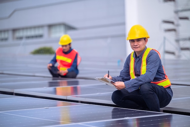 工場の屋上で太陽光発電太陽電池エネルギーをチェックするチーム アジア人エンジニア