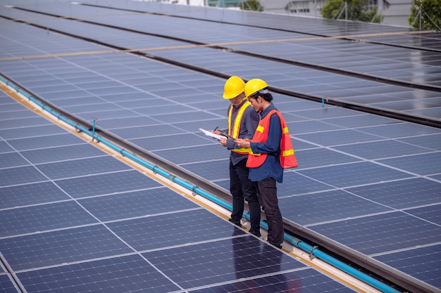 Team Asian Engineer staat op het dak van de fabriek en controleert zonne-energie zonnecelenergie door tablettechnologie