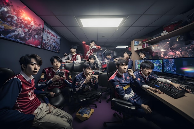 Team of asian teenage cyber sport gamers Neural network AI generated