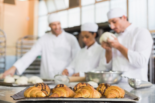 Team of bakers working at counter 