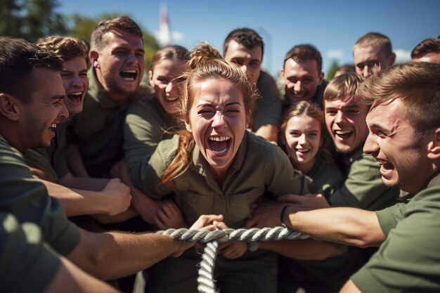 Foto team betrokken bij een teambuilding oefening generatieve ai