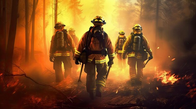 Team of brave firefighters while putting out a forest fire