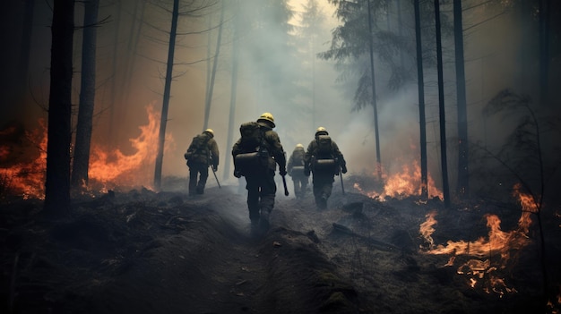 Команда храбрых пожарных при тушении лесного пожара